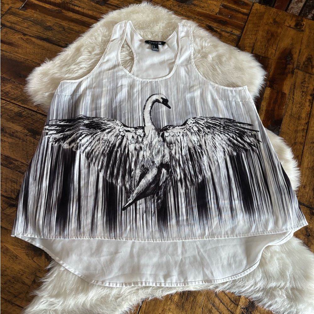 Forever 21 White and Black Swan Tank Top